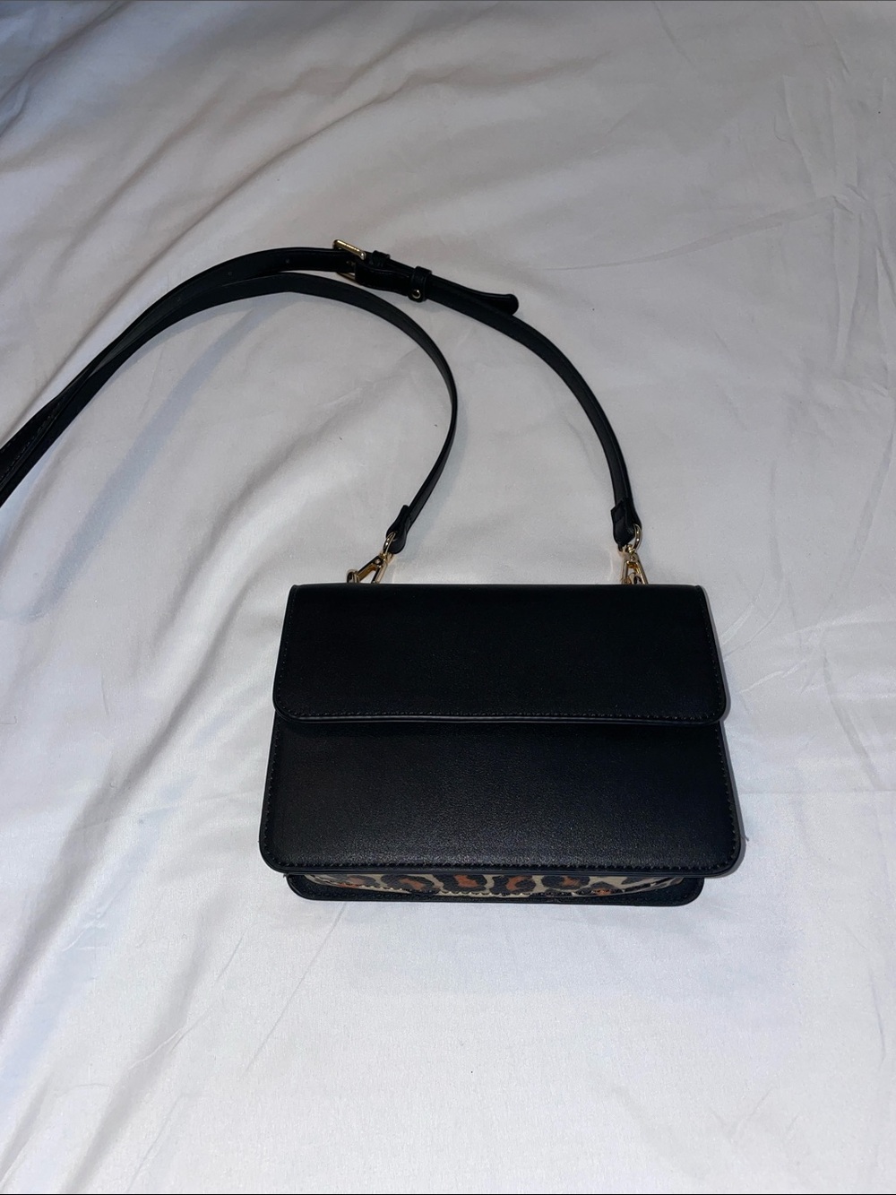 Classic Black Crossbody Bag with Leopard Accent